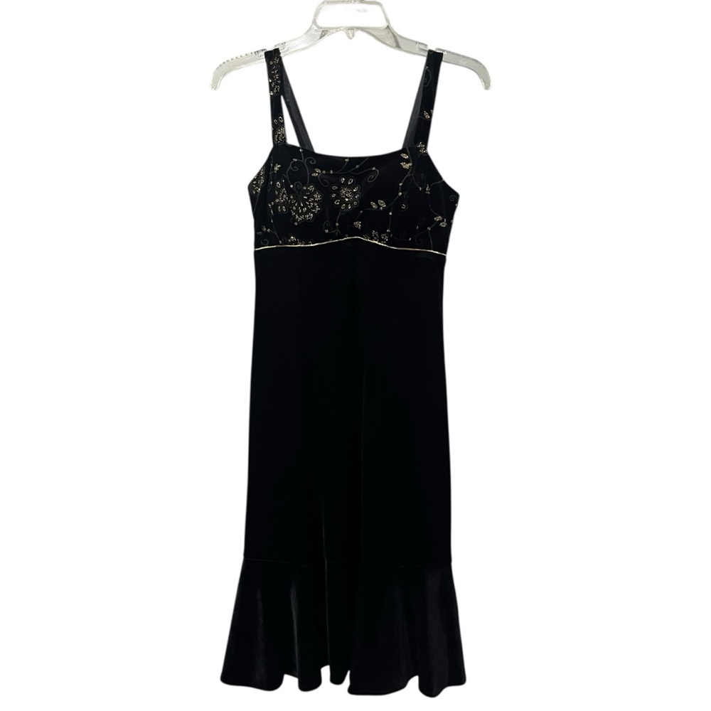 Vintage Madison Leigh BlackVelvet dress Midi 4 Petite‎ Gold Embellishment Y2K